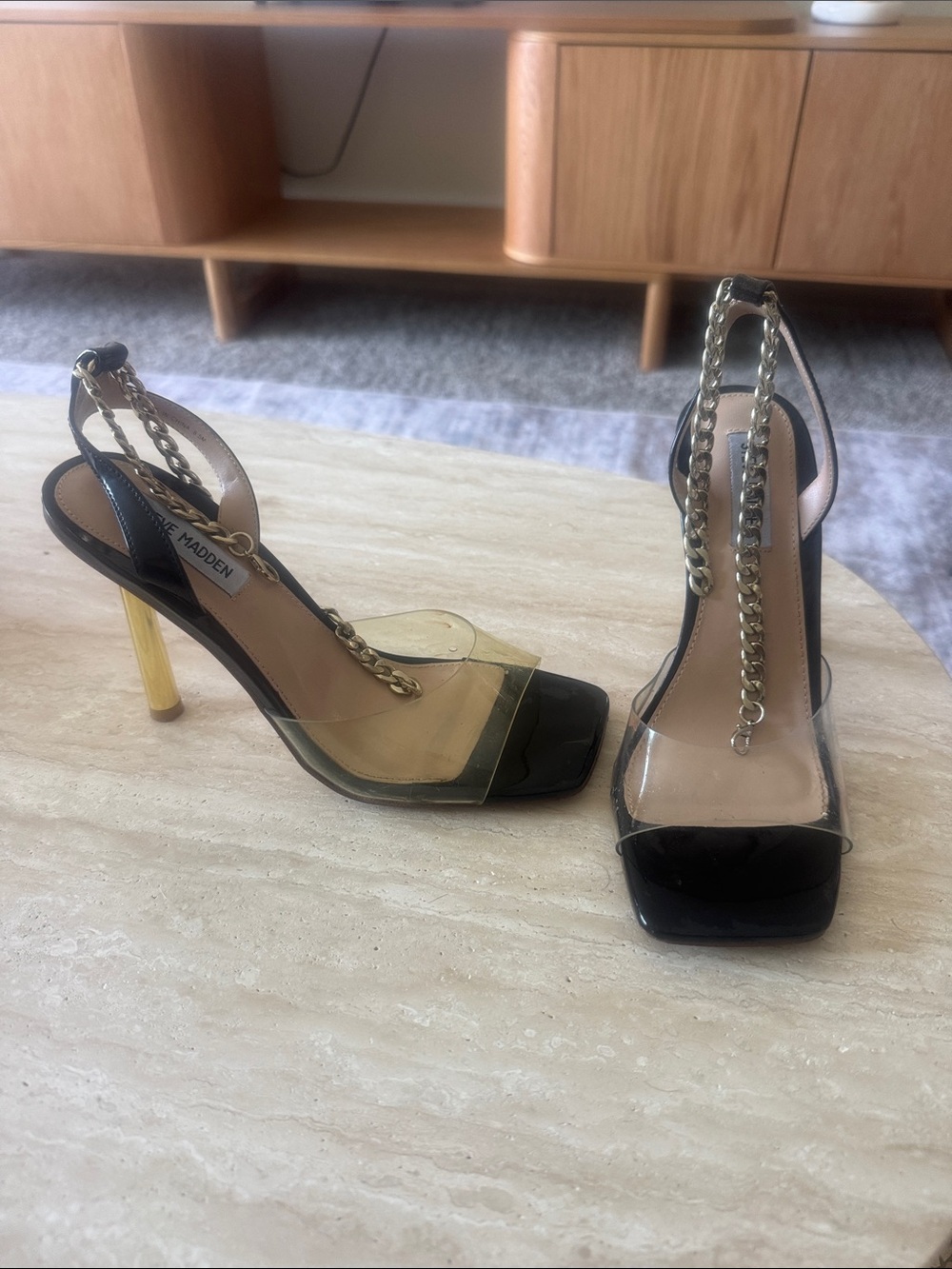 Steve Madden Black Patent and Clear T-Strap Chain Heels
